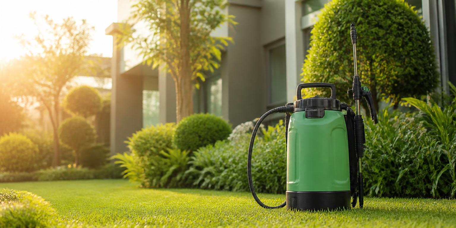 Equipo de fumigación profesional en jardín residencial