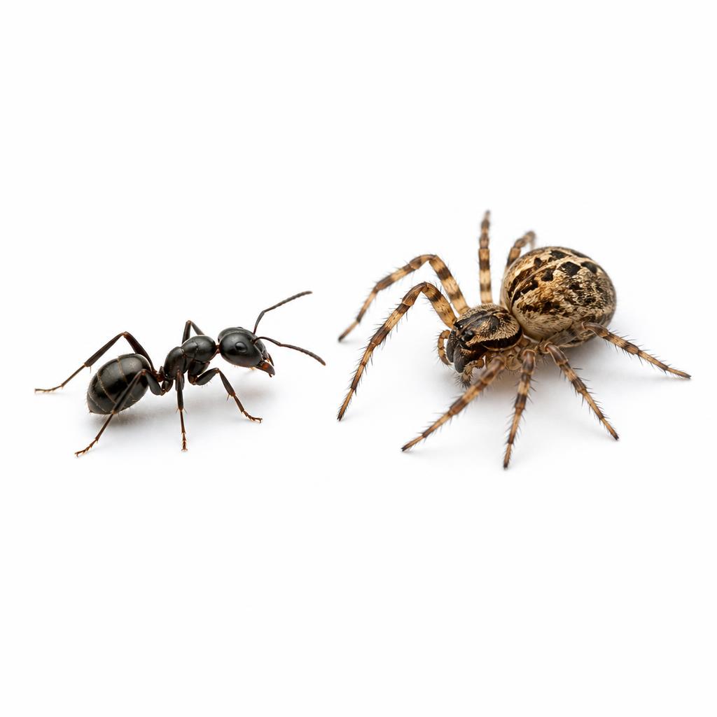 Hormiga y araña sobre fondo claro